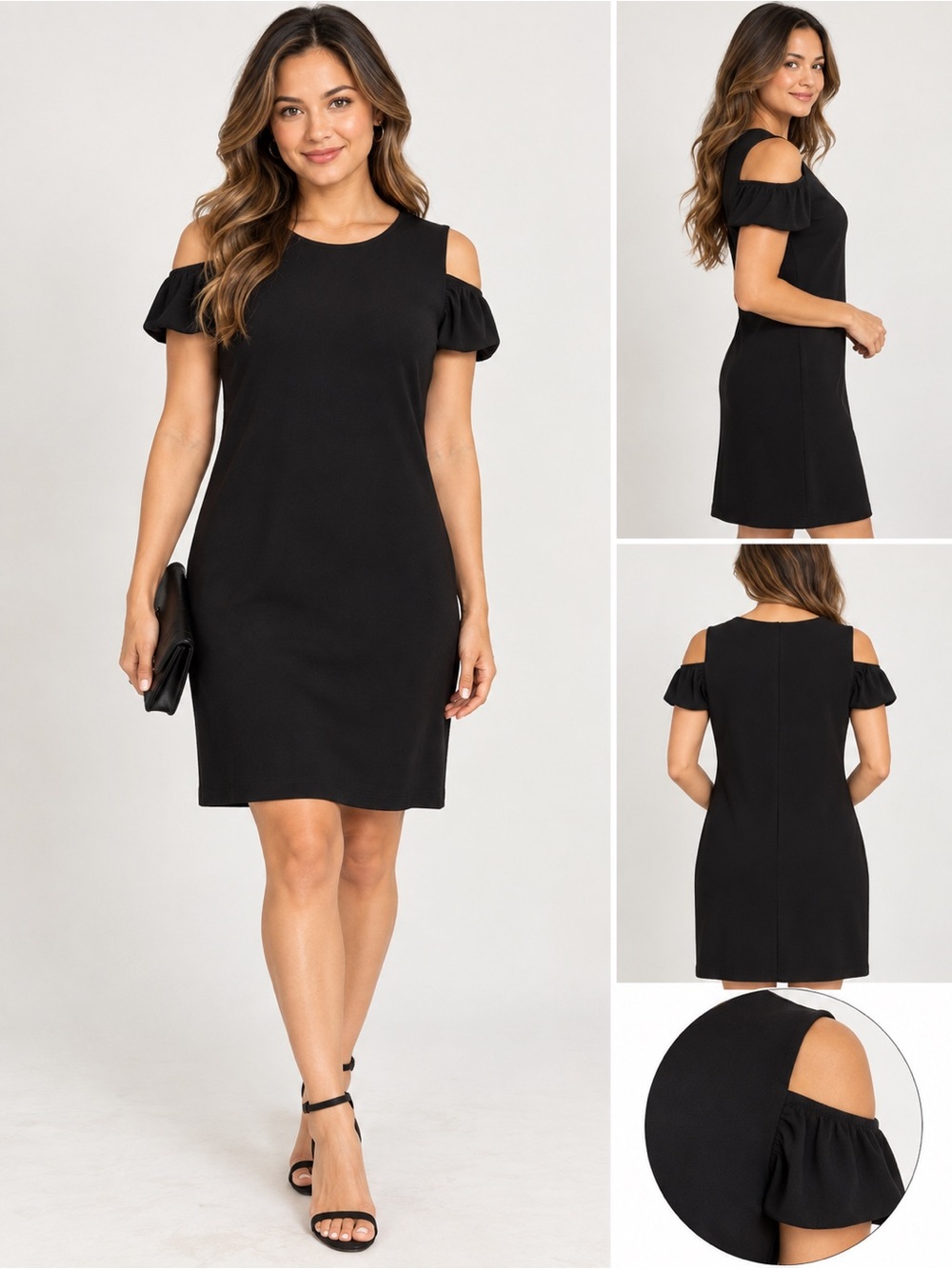 Tiana B Black Cold Shoulder Puff Sleeve Little Black Ruffle Sleeve Dress